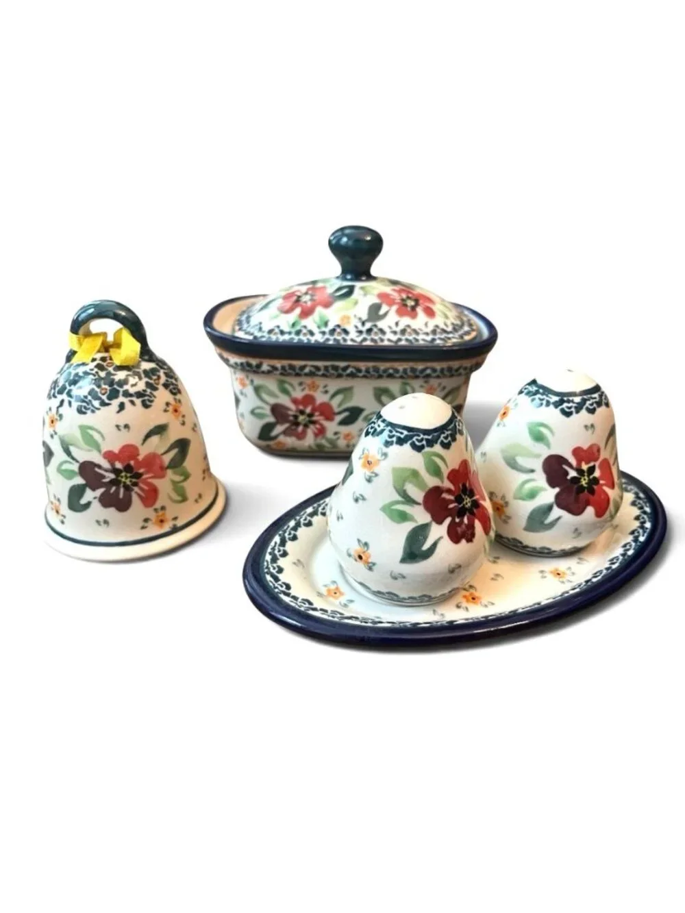 Polish Pottery Boleslawiec Salt Pepper Shakers Tray Bell Baking Dish Lid Garden